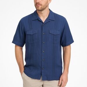 Tommy Bahama Linen Camp Shirt Pintuck Pleats Dual Pockets Navy Blue Men’s L